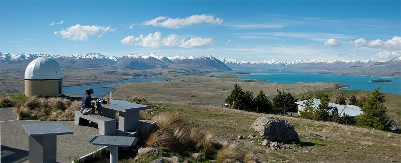 Pan-6.jpg - This is the view from the cafe on the summit of Mt John.  At left is Lake Alexadrina, and to the right is Lake Tekapo.  The observatory building is one of several up there.  The astronomical facility is run by the University of Canterbury and the area has been designated as a gold-level International Dark Sky Reserve.  The night time sky here is amazing.