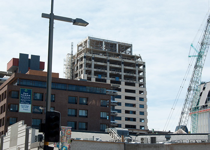 IMGP6670.jpg - Hotel Grand Chancellor under controlled deconstruction.  This building very nearly collapsed in February.  If it had, parts of it could have landed on me.
